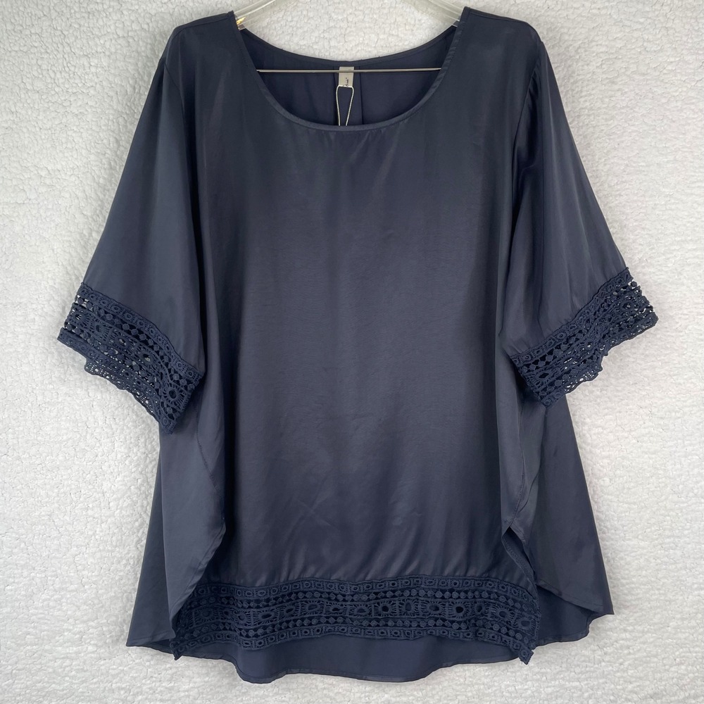 Agnes Orinda Womens Navy Blue Crochet Lace Trim Scoop Neck Blouse Size 2X New
